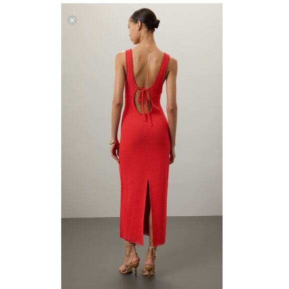 RONNY KOBO Red Orange Crochet V-Neck Open Back Tie Dress Size Medium - Picture 2 of 15